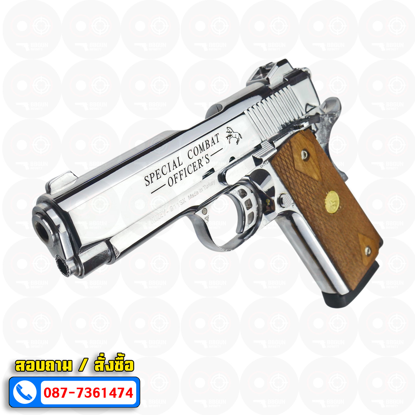 แบลงค์กัน KUZEY Special Combat Officer's ลำกล้อง 4 นิ้ว สีเงินเงา blank gun ด้ามไม้ (แถมกล่องใส่ปืน)