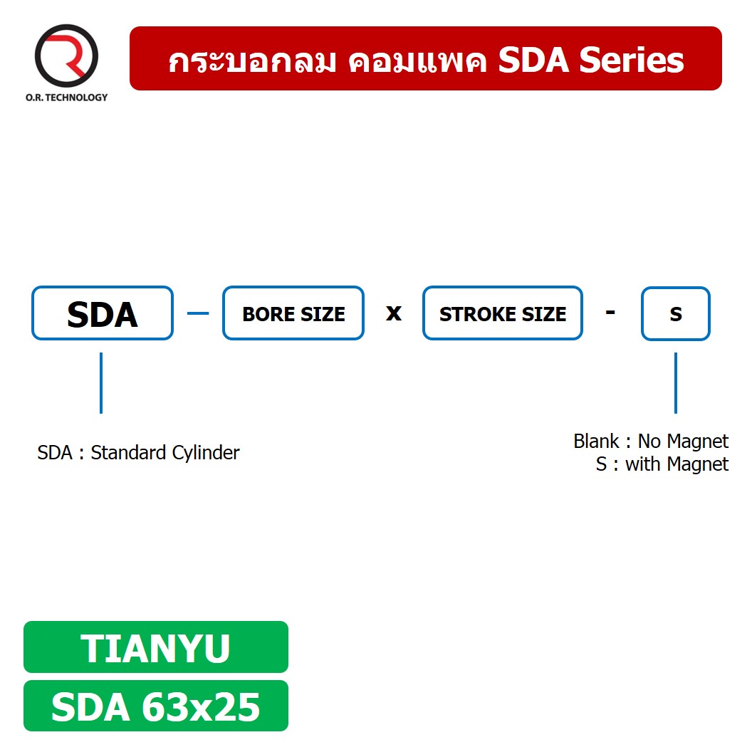 (1ชิ้น) SDA 63x25 กระบอกลมคอมแพค กระบอกลม รุ่นคอมแพค Compact Air Cylinder SDA Series แบบคอมแพค
