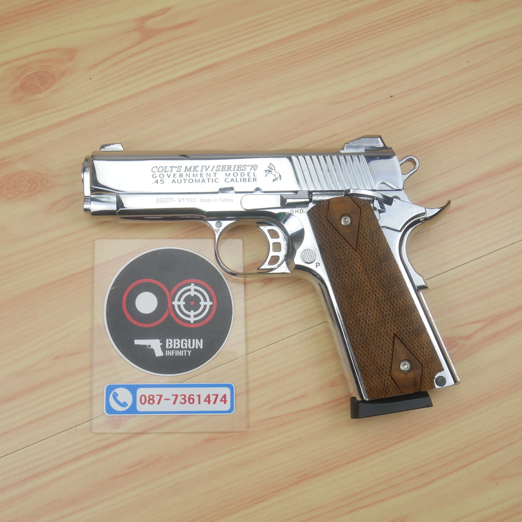 แบลงค์กัน KUZEY M1911 COLT MK IV SR70 สีเงินเงา 4 นิ้ว ด้ามไม้ blank gun
