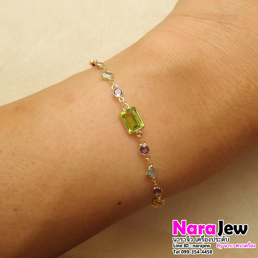สร้อยข้อมือ ประดับพลอยแท้ 5 สี พลอยเจียระไน ทรงเอเมอรัลด์คัต (Emeral cuts) คั่นพลอยเจียระไนแฟนซีสไตล์