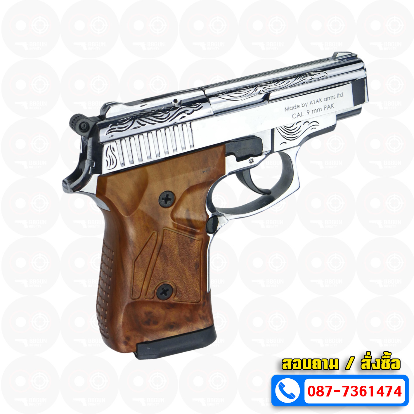 ปืนแบลงค์กัน Zoraki 914-TD Auto สีเงินเงาแกะลาย ด้ามลายไม้ 9mm P.A.K. Blank gun (แถมกล่องใส่ปืน)