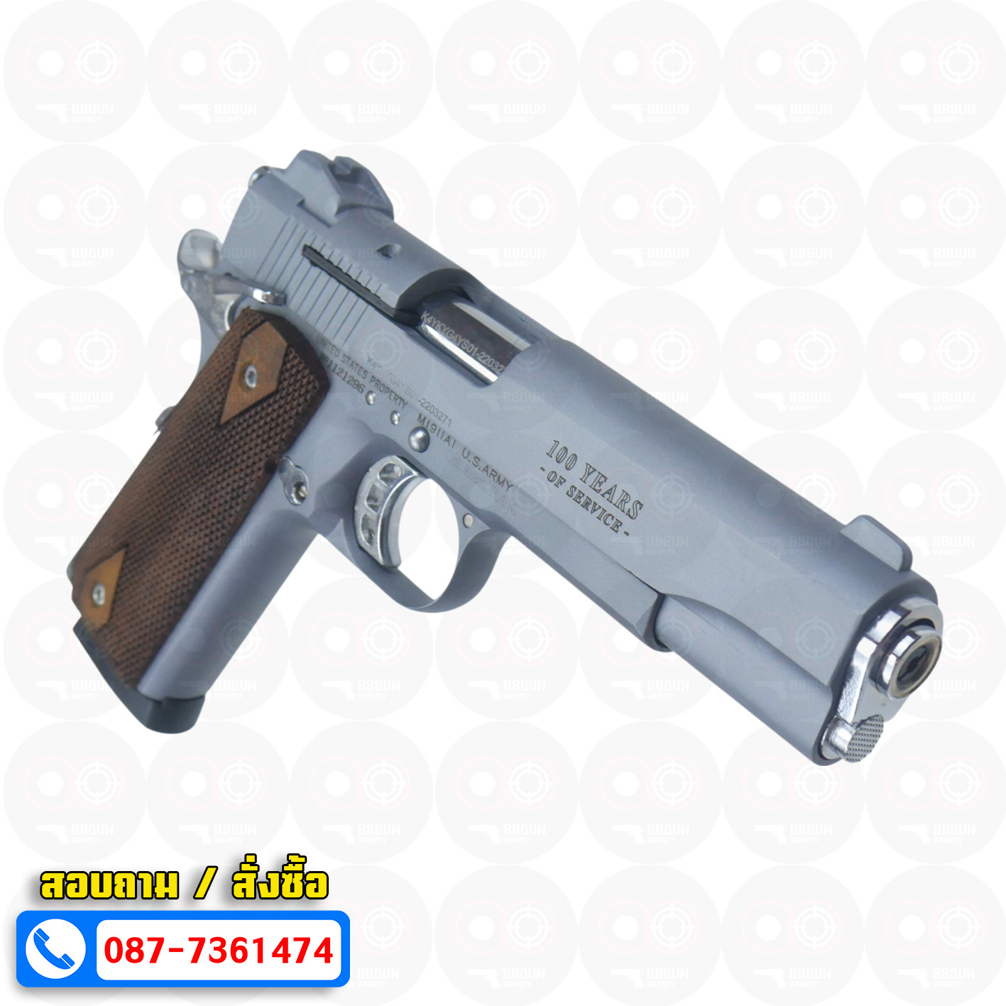 แบลงค์กัน KUZEY M1911 COLT GOVERMENT 100 Year Smoke 5 นิ้ว สีสโมค blank gun ด้ามไม้