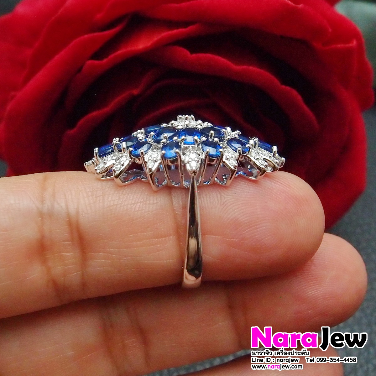 แหวนไพลิน ซีลอน ล้อมเพชรแท้ แบบแหวนทรงมาคี หน้ากว้าง ใส่เต็มนิ้วสุดๆ