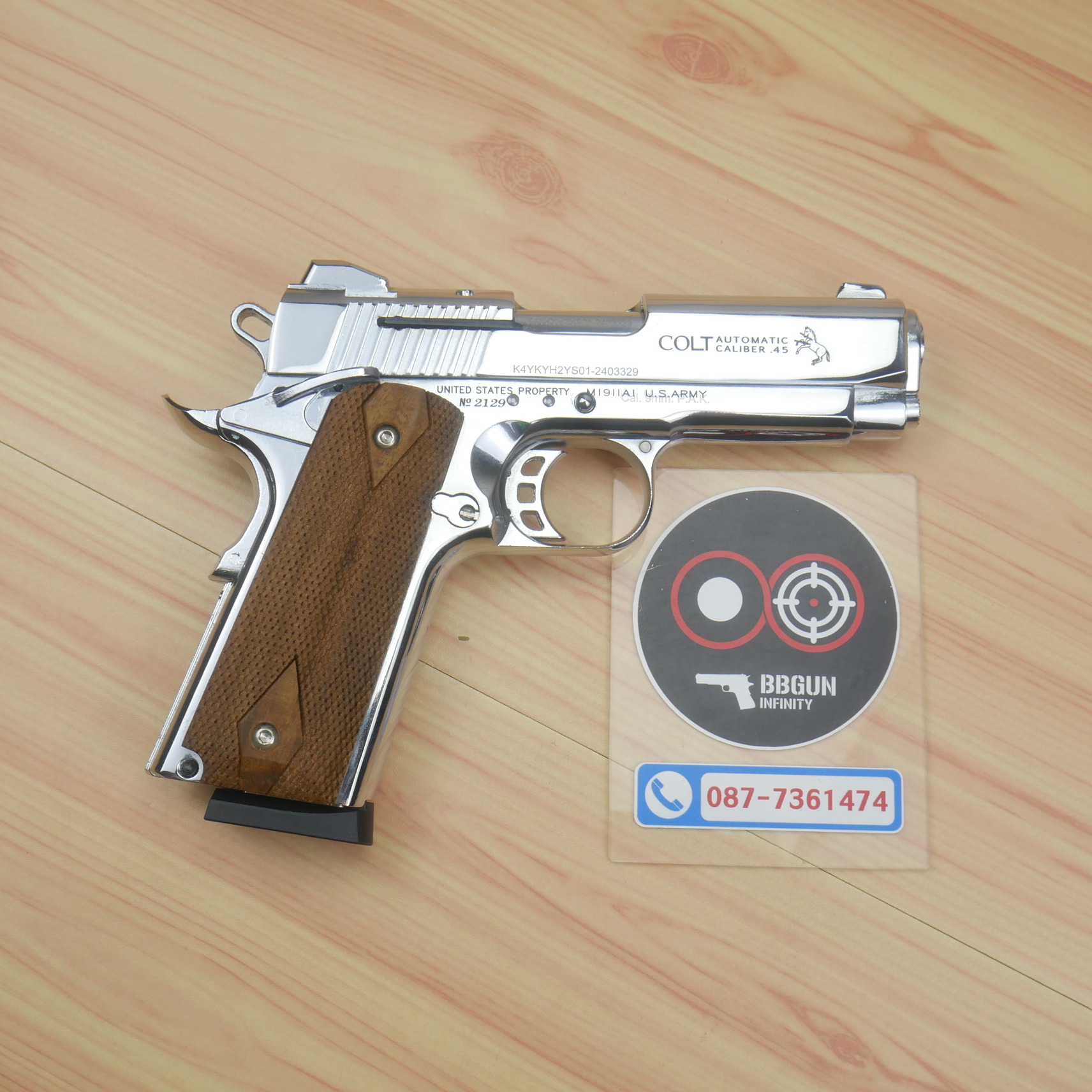 แบลงค์กัน KUZEY M1911 COLT'S DEFENDER SERIES 90 สีเงินเงา 4 นิ้ว ด้ามไม้ Blank Gun