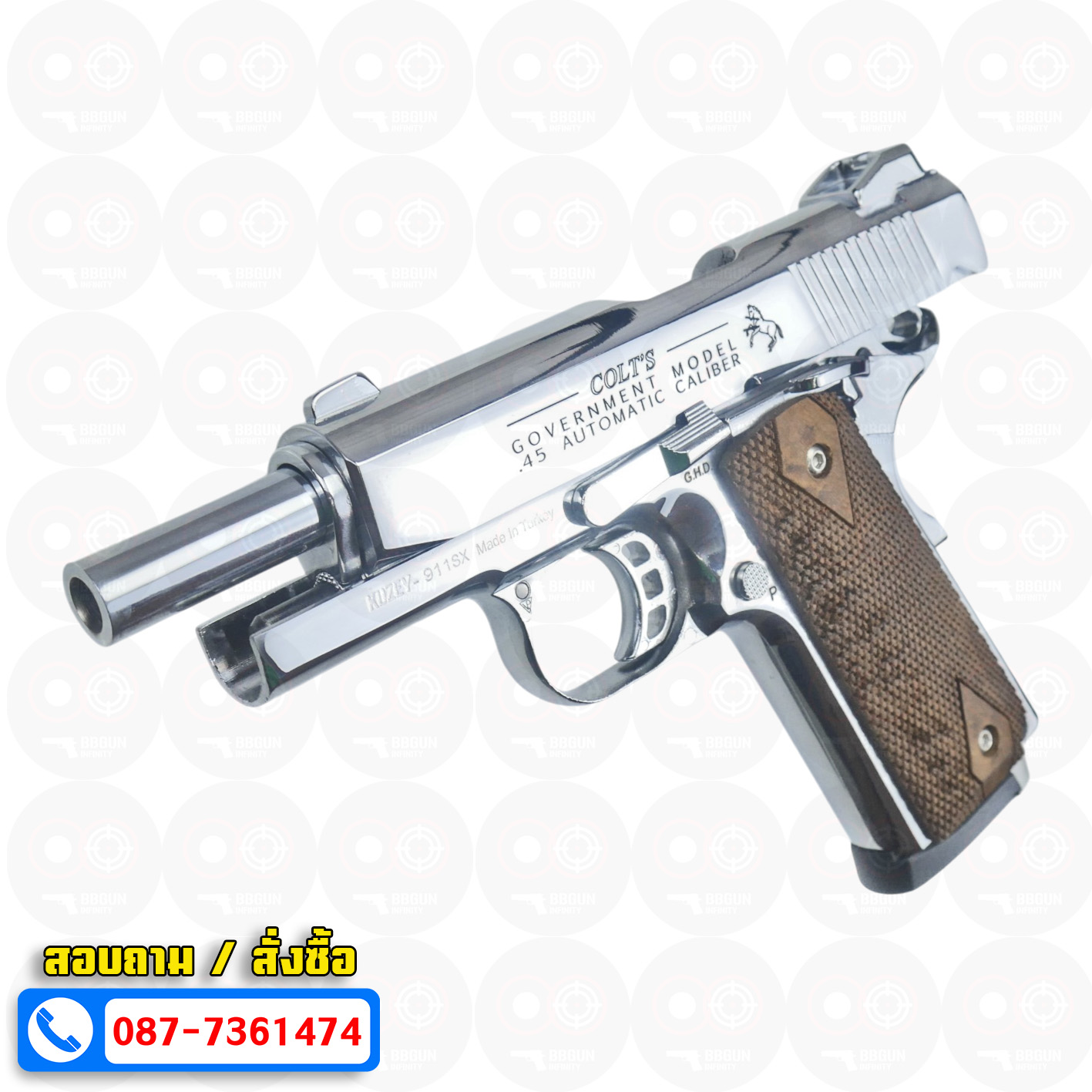 แบลงค์กัน KUZEY M1911 COLT GOVERMENT 100 Year เงินเงา 4 นิ้ว blank gun ด้ามไม้