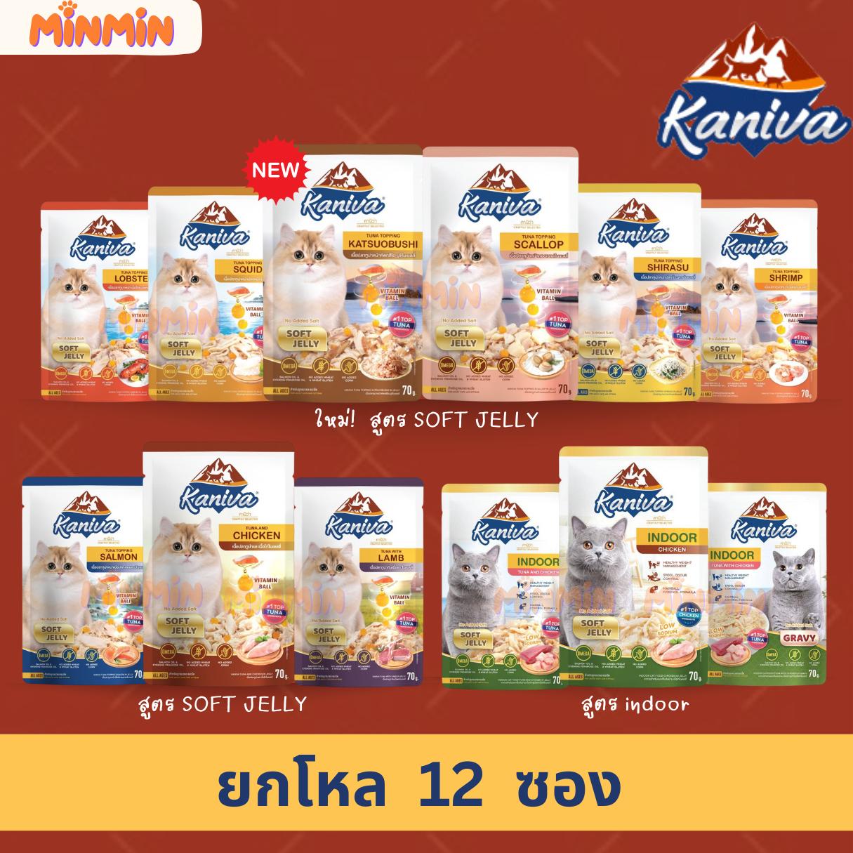 [ ยกโหล 12 ซอง ]Kaniva Pouch อาหารแมว แบบเปียก คานิว่า ผสม Vitamin Balls ขนาด 70 กรัม