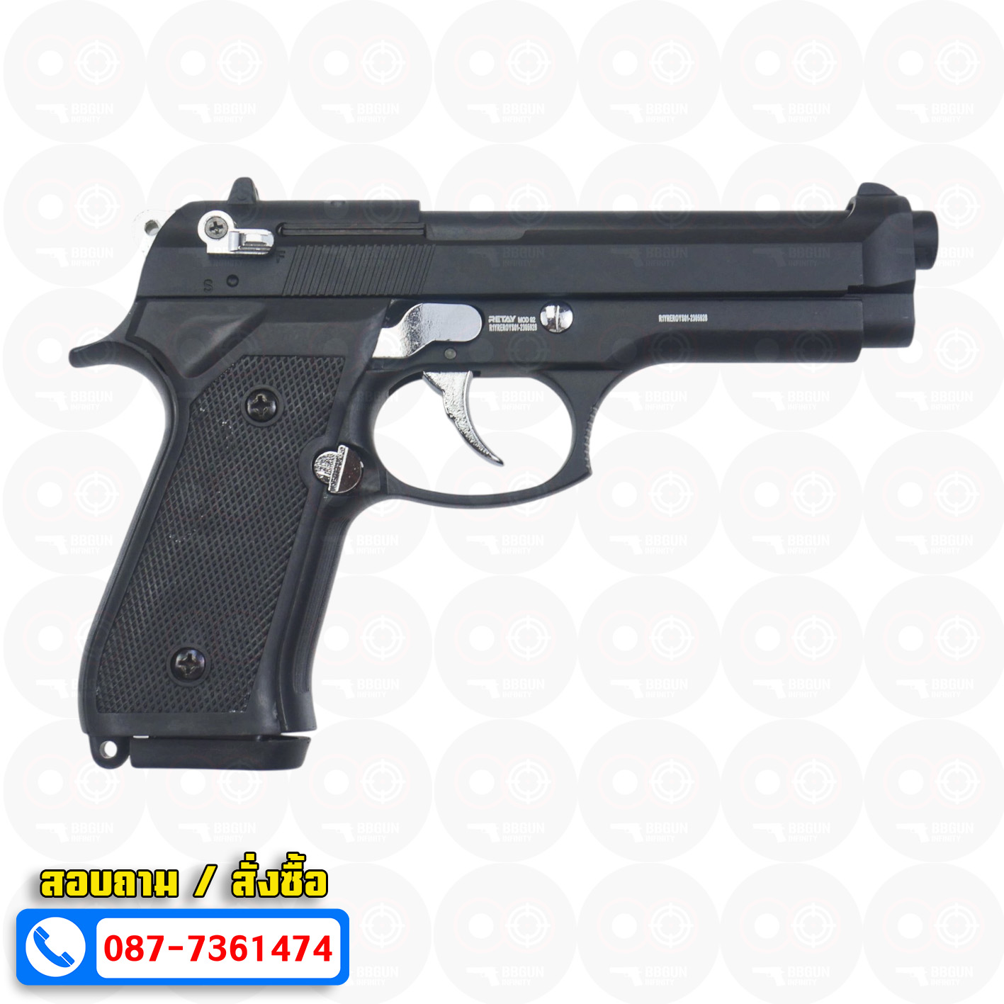 แบลงค์กัน Retay mod 92 black chrome blank gun Beretta M92 รีเท บาเร็ตต้า เอ็ม 92 สีดำ ไกเงิน