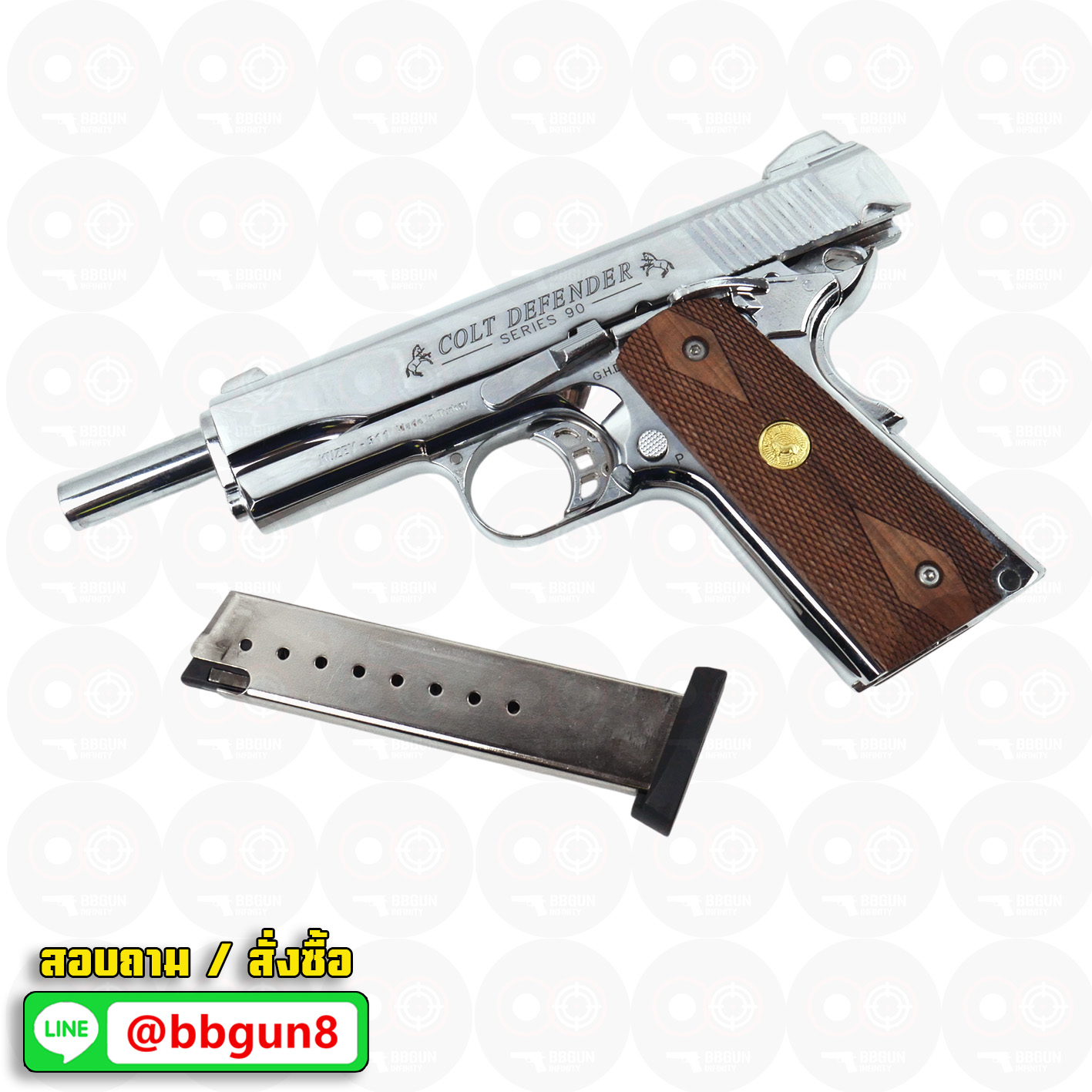 Blank Gun KUZEY M1911 COLT'S DEFENDER SERIES 90 ลำกล้อง 5 นิ้ว เงินเงา แบลงค์กัน ด้ามไม้