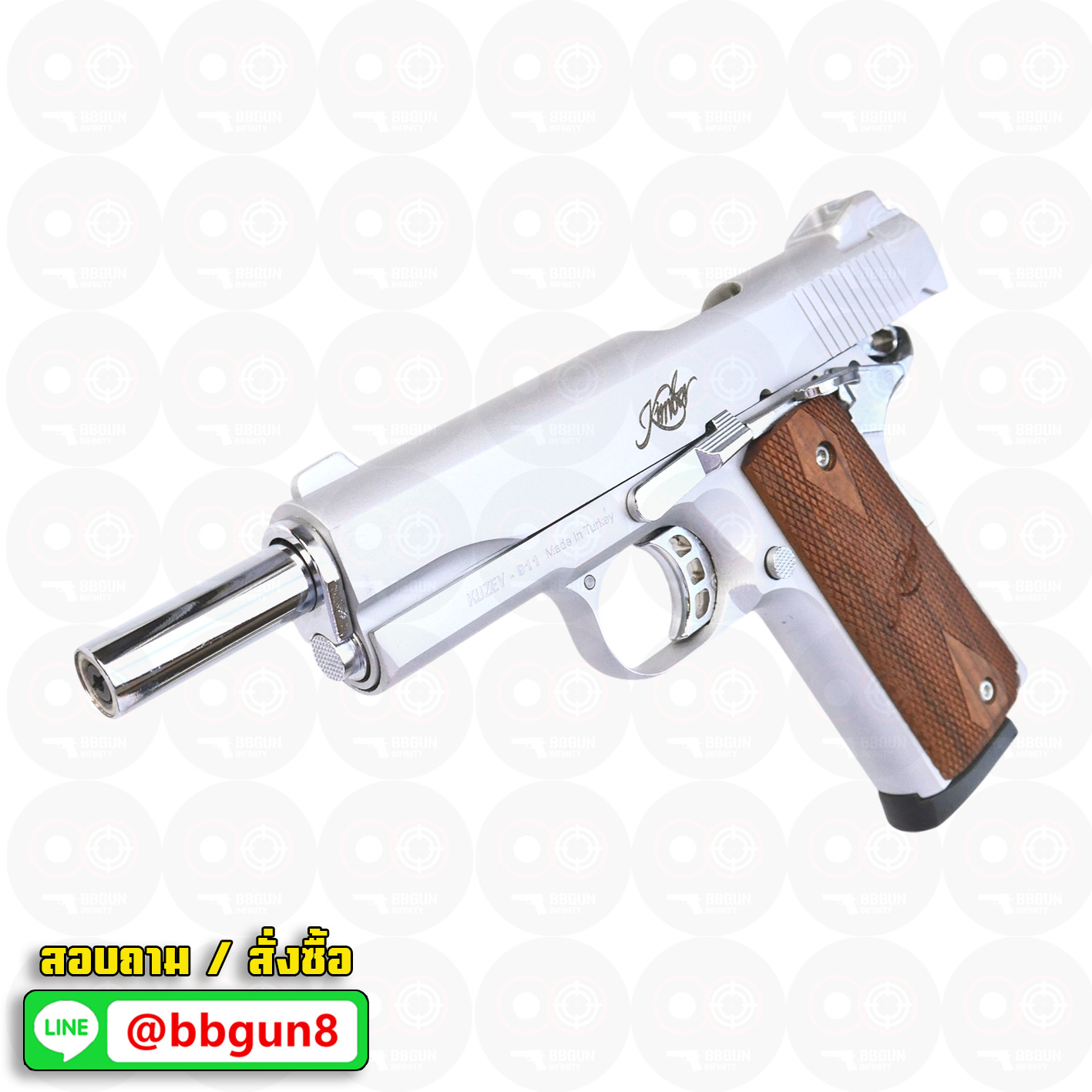 แบลงค์กัน KUZEY M1911 ลำกล้อง 5 นิ้ว KIMBER blank gun สีเงินด้าน ด้ามไม้ (แถมกล่องใส่ปืน)