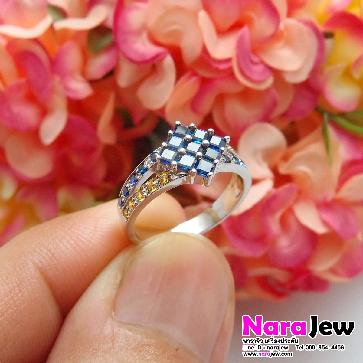 แหวนไพลิน ประดับพลอยบุษราคัม White Gold14K แบบแหวนหน้ากว้าง ใส่สวยเต็มนิ้ว