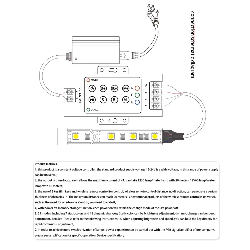 RGB CON-003 ชุดรีโมทควบคุมไฟเส้น LED Strip Light Control 8 Keys RF Wireless Remote Dimmer Controller DC 12-24V 30A (10A in each channel)
