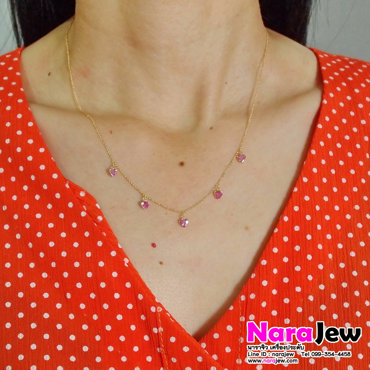 สร้อยคอ พลอยแท้ พิ้งค์แซฟไฟร์ Pink sapphire ทรงสามเหลี่ยม ความยาว 16 ถึง 17 นิ้ว