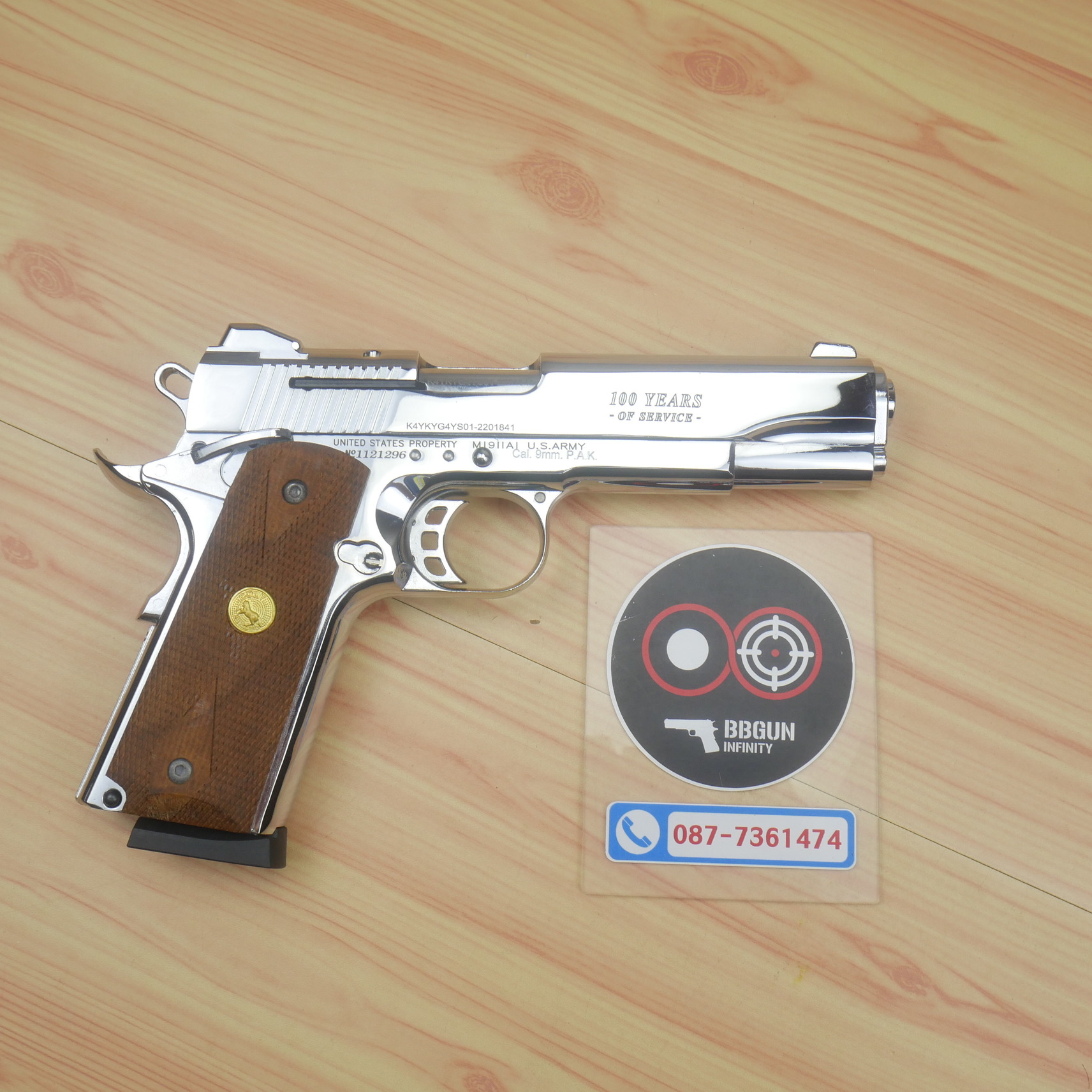 แบลงค์กัน KUZEY M1911 5 นิ้ว COLT GOVERMENT 100 Year สีเงินเงา blank gun ด้ามไม้