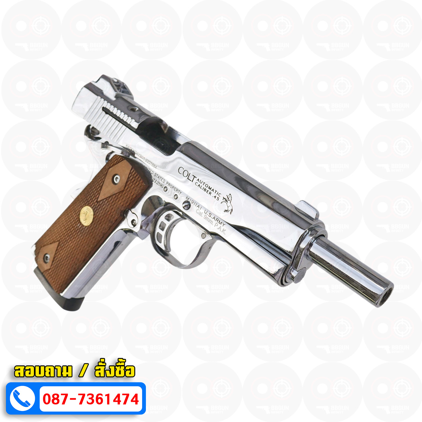 ปืนแบลงค์กัน KUZEY M1911 ลำ 5 นิ้ว COLT'S MK IV SERIES 80 blank gun สีเงินเงา ด้ามไม้ (แถมกล่องใส่ปืน)
