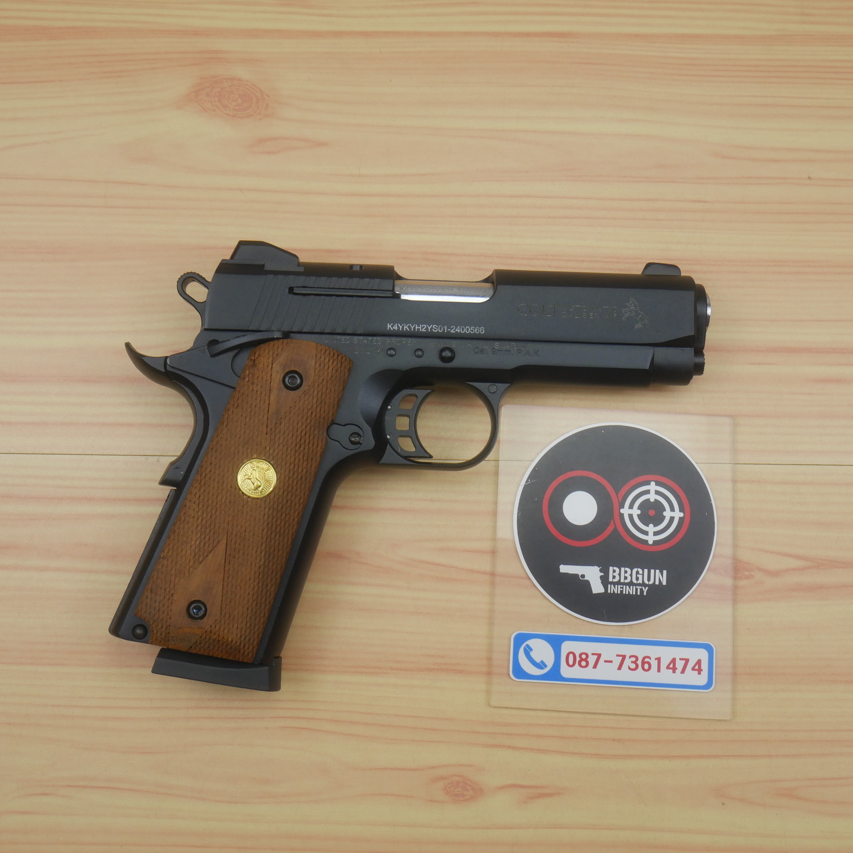 แบลงค์กัน KUZEY M1911 COLT MK IV SR70 สีดำ 4 นิ้ว ด้ามไม้ กระดุมทอง blank gun