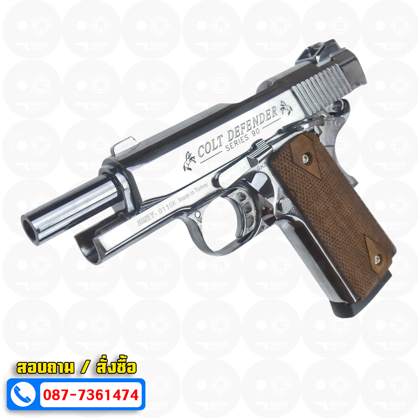 แบลงค์กัน KUZEY M1911 COLT'S DEFENDER SERIES 90 สีเงินเงา 4 นิ้ว ด้ามไม้ Blank Gun