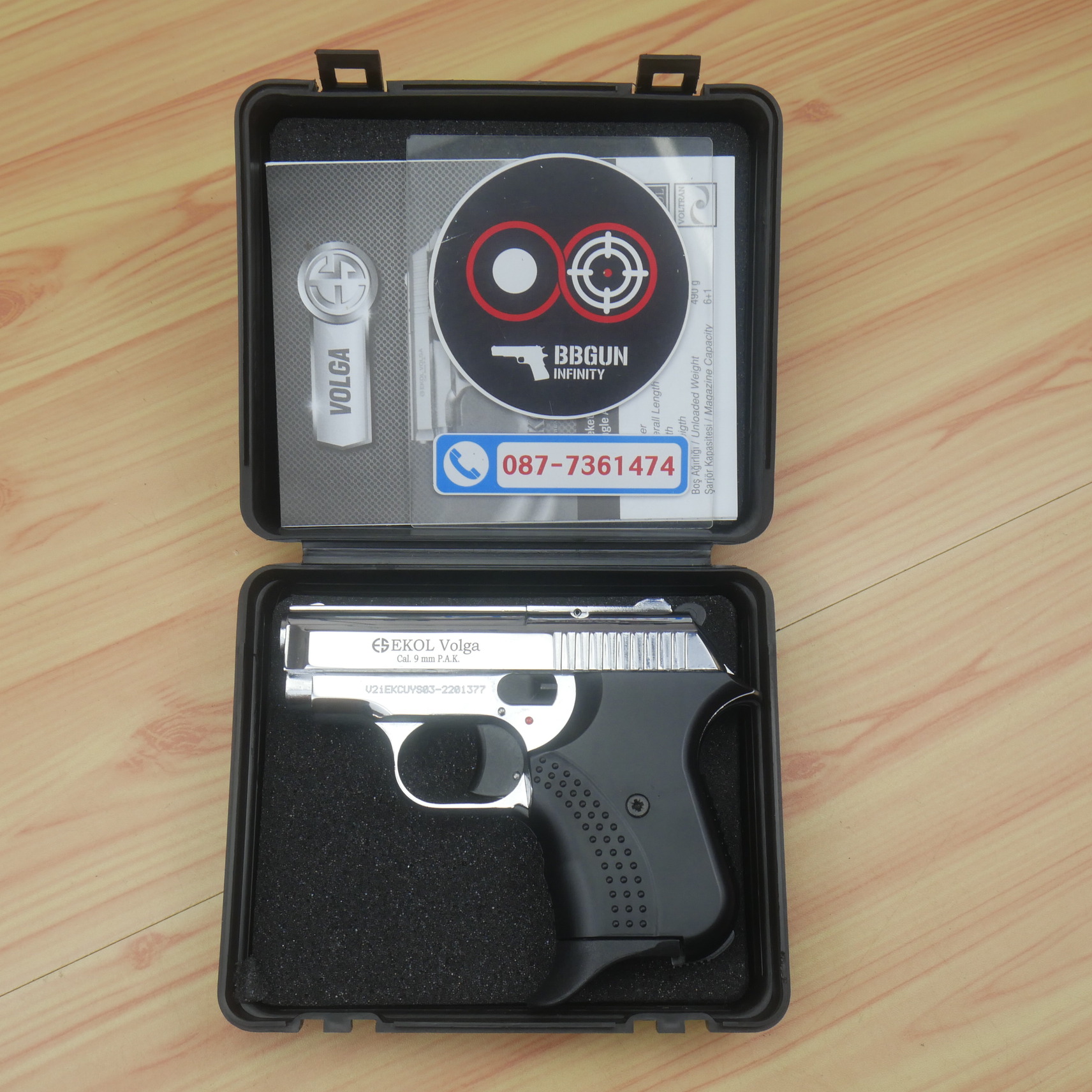 แบลงค์กัน EKOL Volga Shiny Chrome สีโครเมี่ยมเงา 9 mm P.A.K. Blank gun (แถมกล่องใส่ปืน)