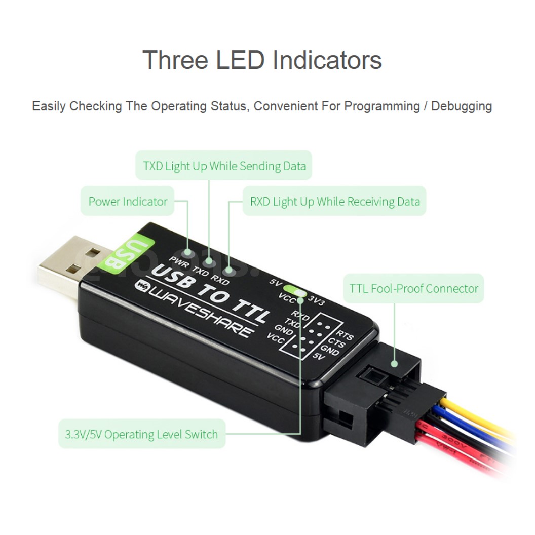 ZE001 WAVESHARE ตัวแปลง Industrial USB TO TTL Converter, FT232RNL, Multi Protection & Systems Support ตัวแปลงสัญญาณ
