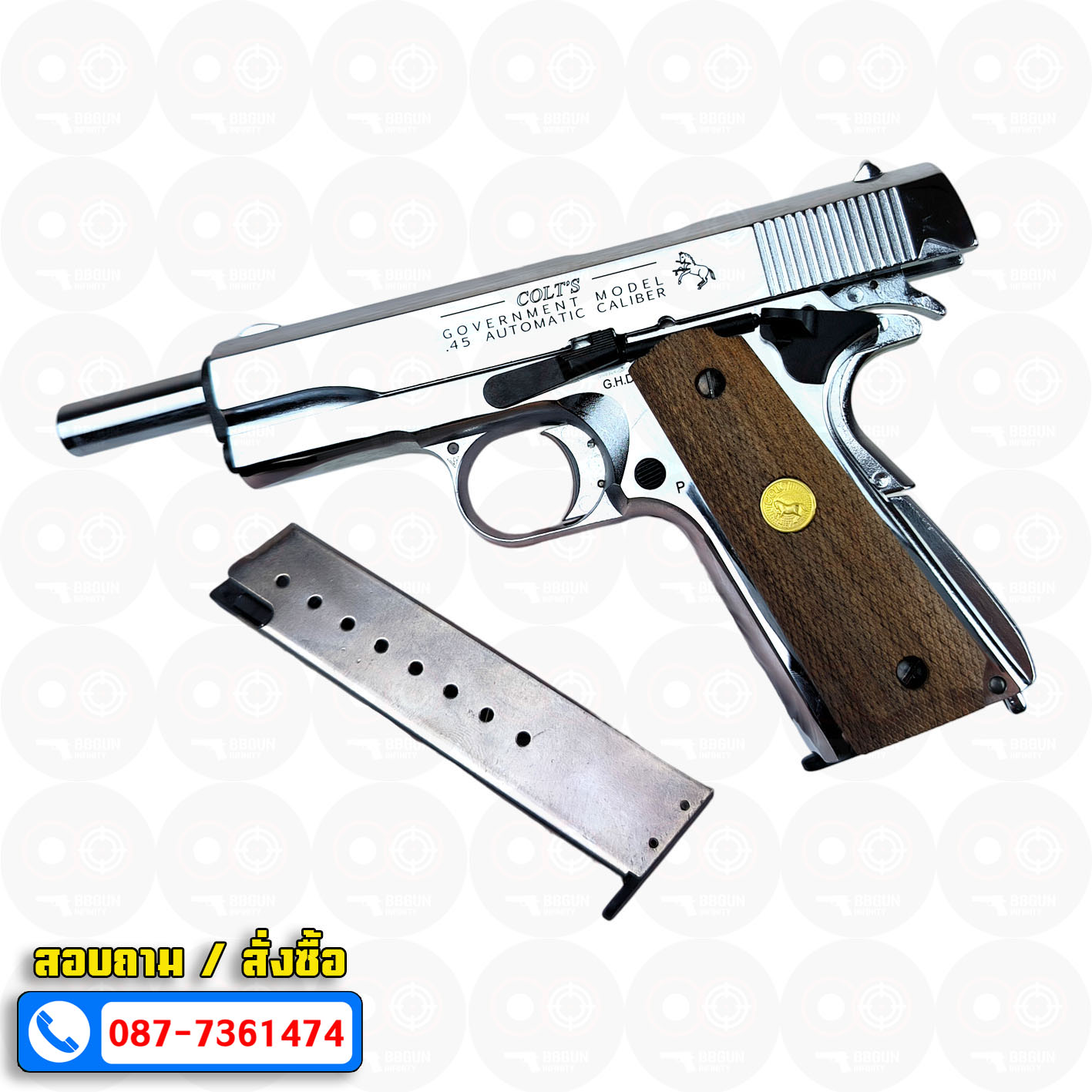 แบลงค์กัน AKSA Colt's Government Model .45 Automatic Caliber 100 Years สีเงินเงา กริปไม้ (2 แม็กกาซีน) BLANK GUN