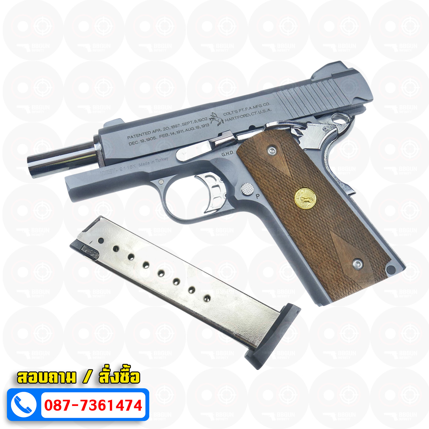 แบลงค์กัน KUZEY M1911 COLT'S 100 ปี สีสโมค 4 นิ้ว blank gun ด้ามไม้