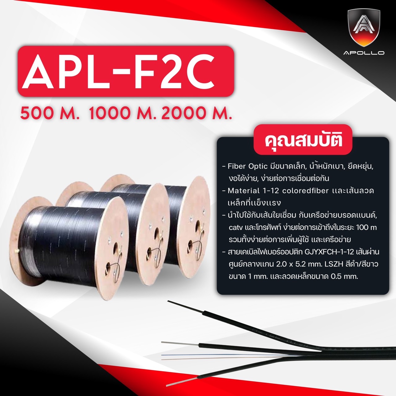 Apollo สายFiber Optic F 2CORE ความยาว 500M 1,000M 2,000M