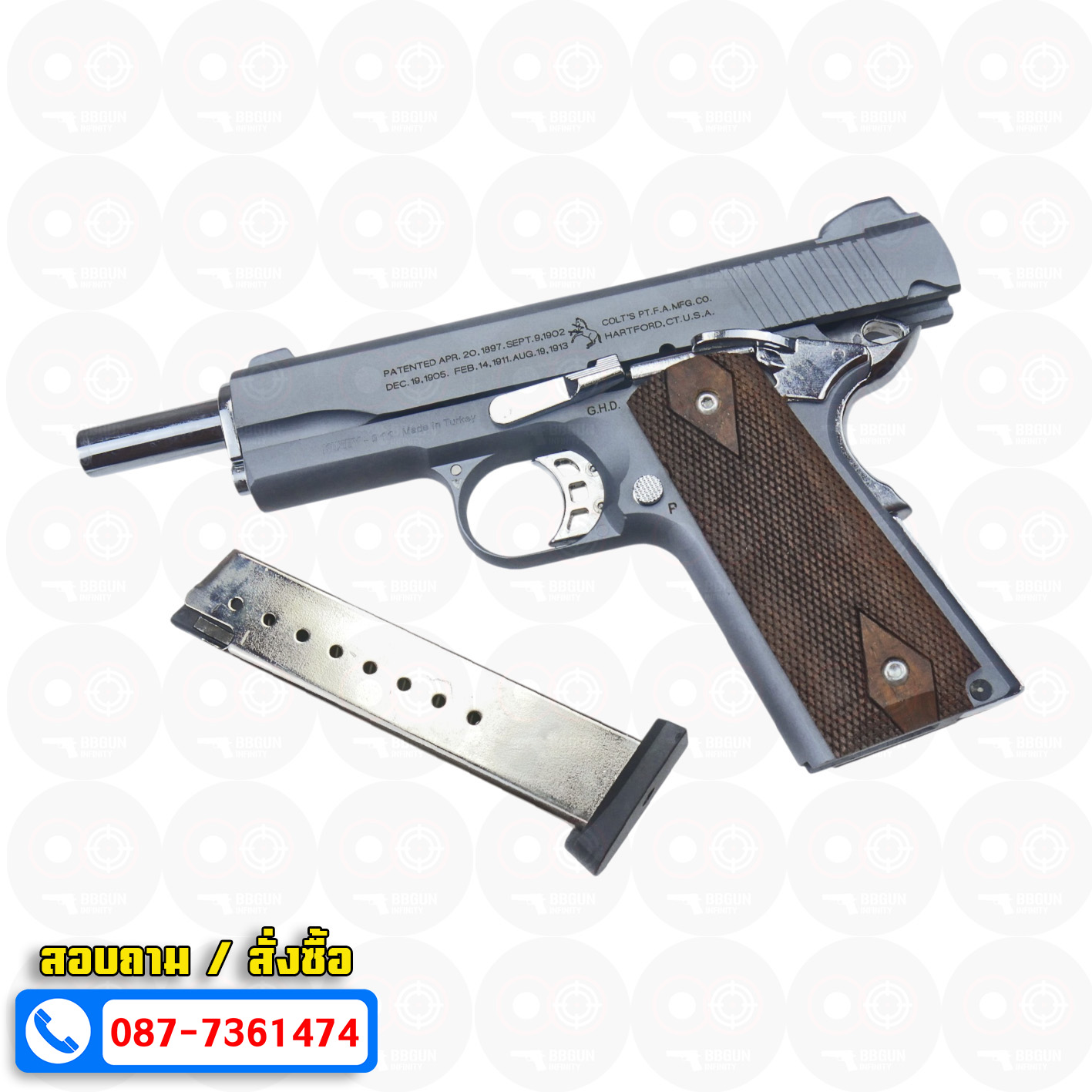 แบลงค์กัน KUZEY M1911 COLT'S 100 ปี สีสโมค ลำกล้อง 5 นิ้ว blank gun ด้ามไม้ (แถมกล่องใส่ปืน)