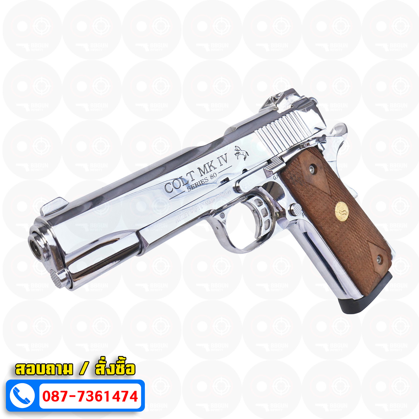 ปืนแบลงค์กัน KUZEY M1911 ลำ 5 นิ้ว COLT'S MK IV SERIES 80 blank gun สีเงินเงา ด้ามไม้ (แถมกล่องใส่ปืน)