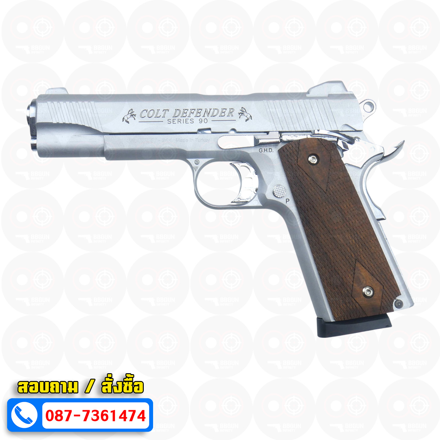 แบลงค์กัน KUZEY M1911 COLT'S DEFENDER SERIES 90 สีเงินด้าน 5 นิ้ว ด้ามไม้ Blank Gun