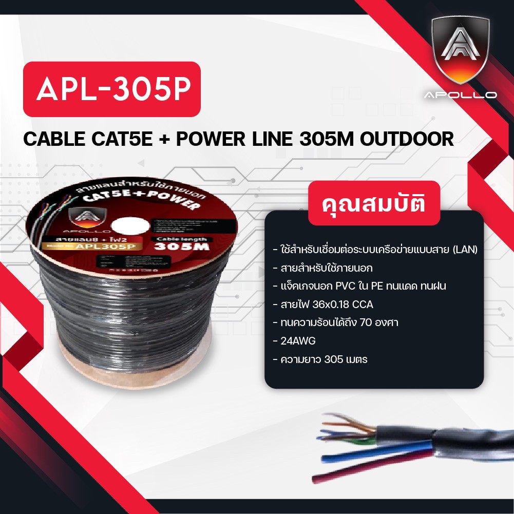 Apollo สายLAN CAT5E UTP รุ่น APL305P LAN+Power 305M.