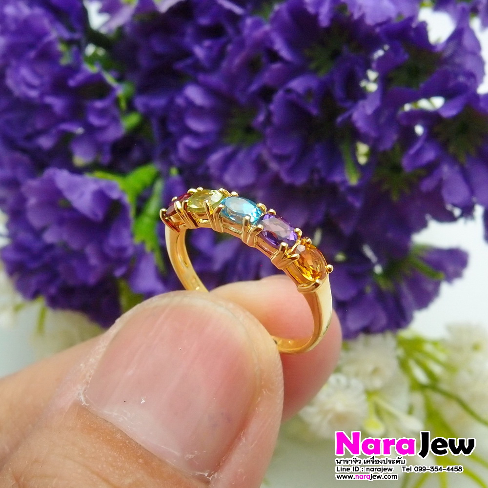แหวนพลอยแท้ 5 สี สีสันสดใส ใส่แล้วโดดเด่น ดูมีสไตล์ สวยสะดุดตา (พลอยเจียระไนรูปไข่ทรงรี)