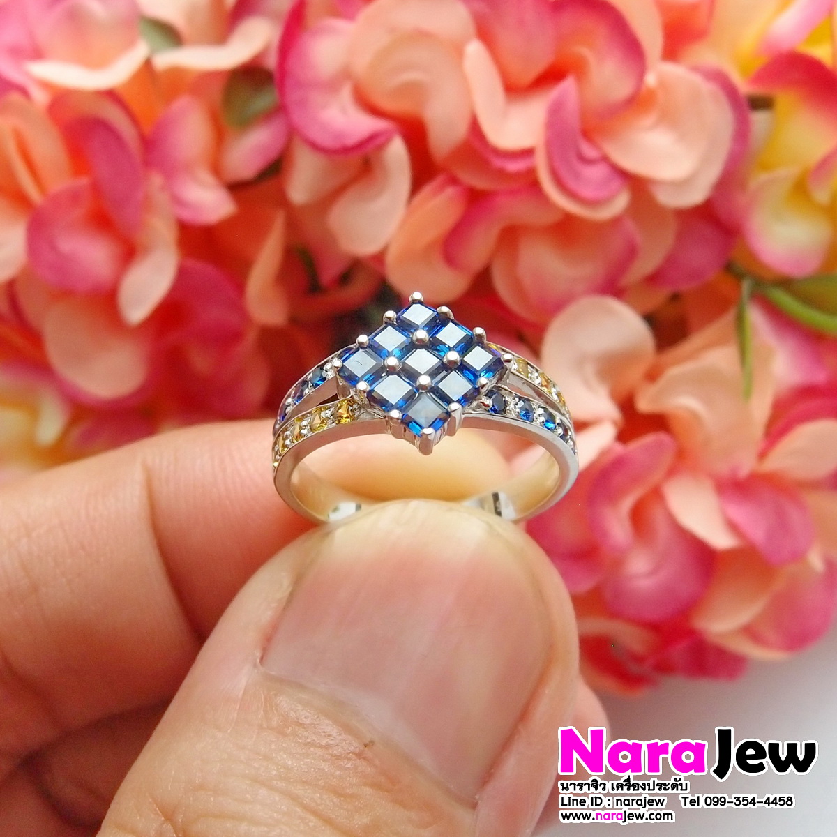 แหวนไพลิน ประดับพลอยบุษราคัม White Gold14K แบบแหวนหน้ากว้าง ใส่สวยเต็มนิ้ว