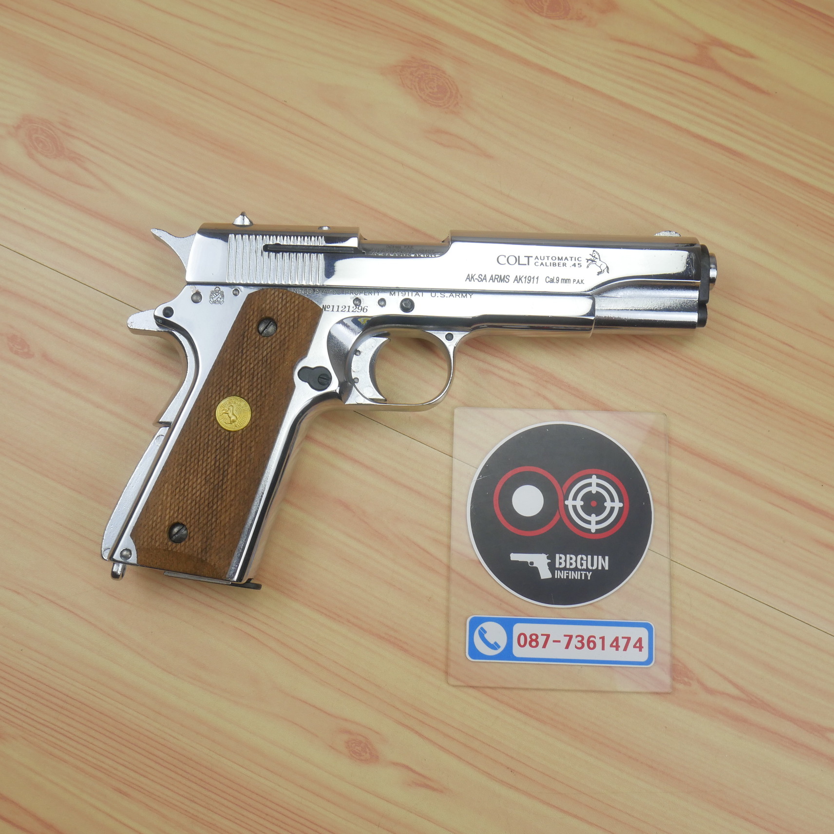 แบลงค์กัน AKSA Colt MK IV Series 80 Automatic Caliber .45 สีเงินเงา กริปไม้ (2 แม็กกาซีน) BLANK GUN