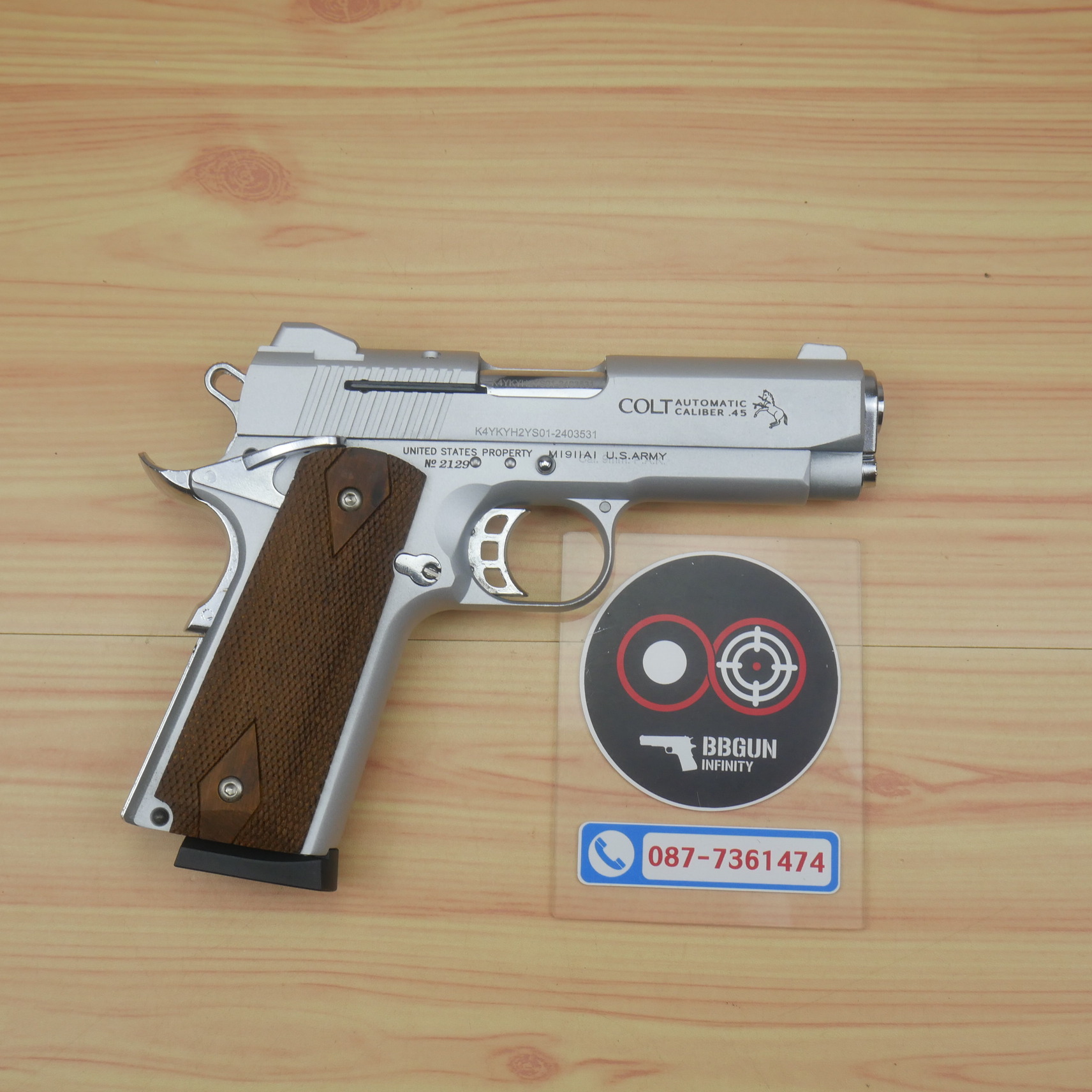 แบลงค์กัน KUZEY M1911 COLT'S DEFENDER SERIES 90 สีเงินด้าน 4 นิ้ว ด้ามไม้ Blank Gun