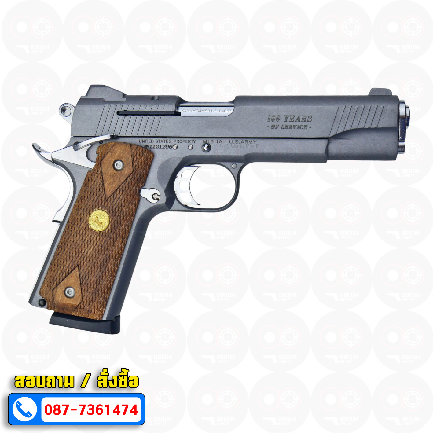 แบลงค์กัน KUZEY M1911 5 นิ้ว COLT GOVERMENT 100 Year สีสโมค blank gun ด้ามไม้ (แถมกล่องใส่ปืน)