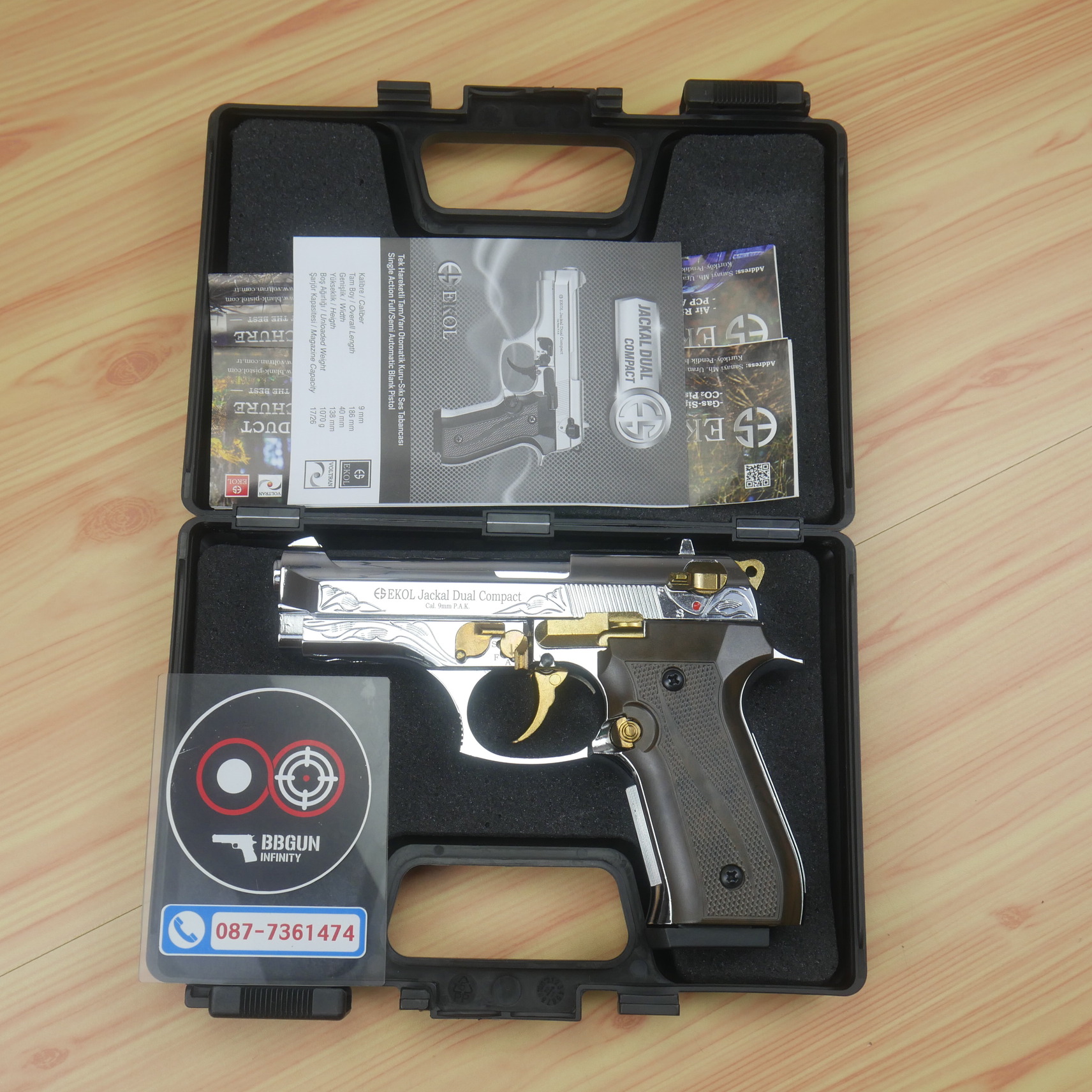 EKOL Jackal Dual Compact M92 (Full Auto) สีเงินเงา ไกทองลาย 4 นิ้ว แบลงค์กันบาเร็ตต้า blank gun