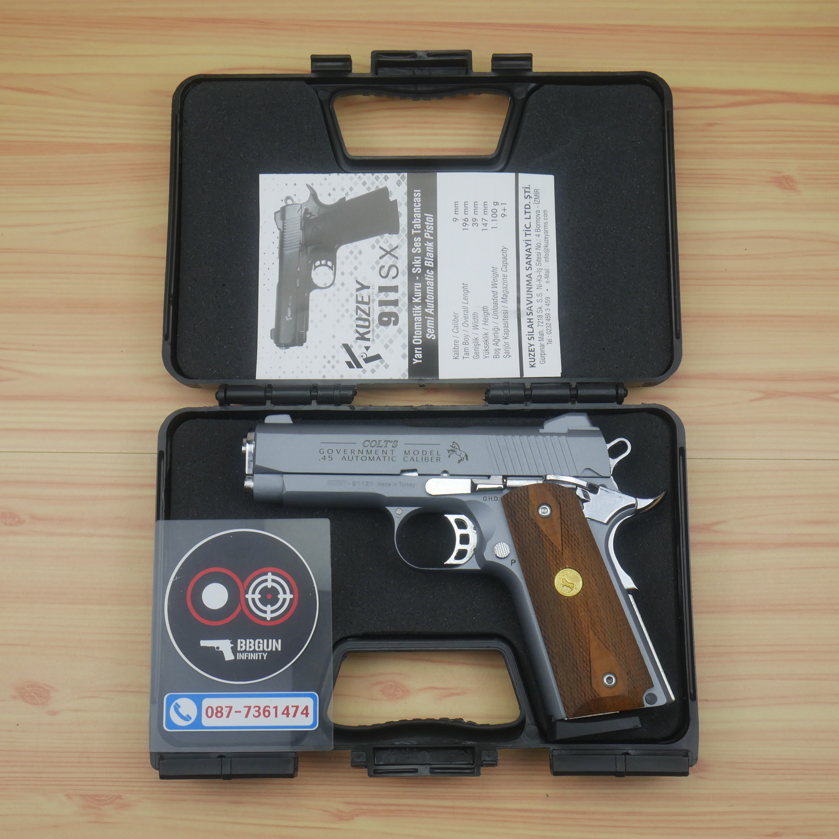 แบลงค์กัน KUZEY M1911 COLT GOVERMENT 100 Year Smoke 4 นิ้ว สีสโมค blank gun ด้ามไม้