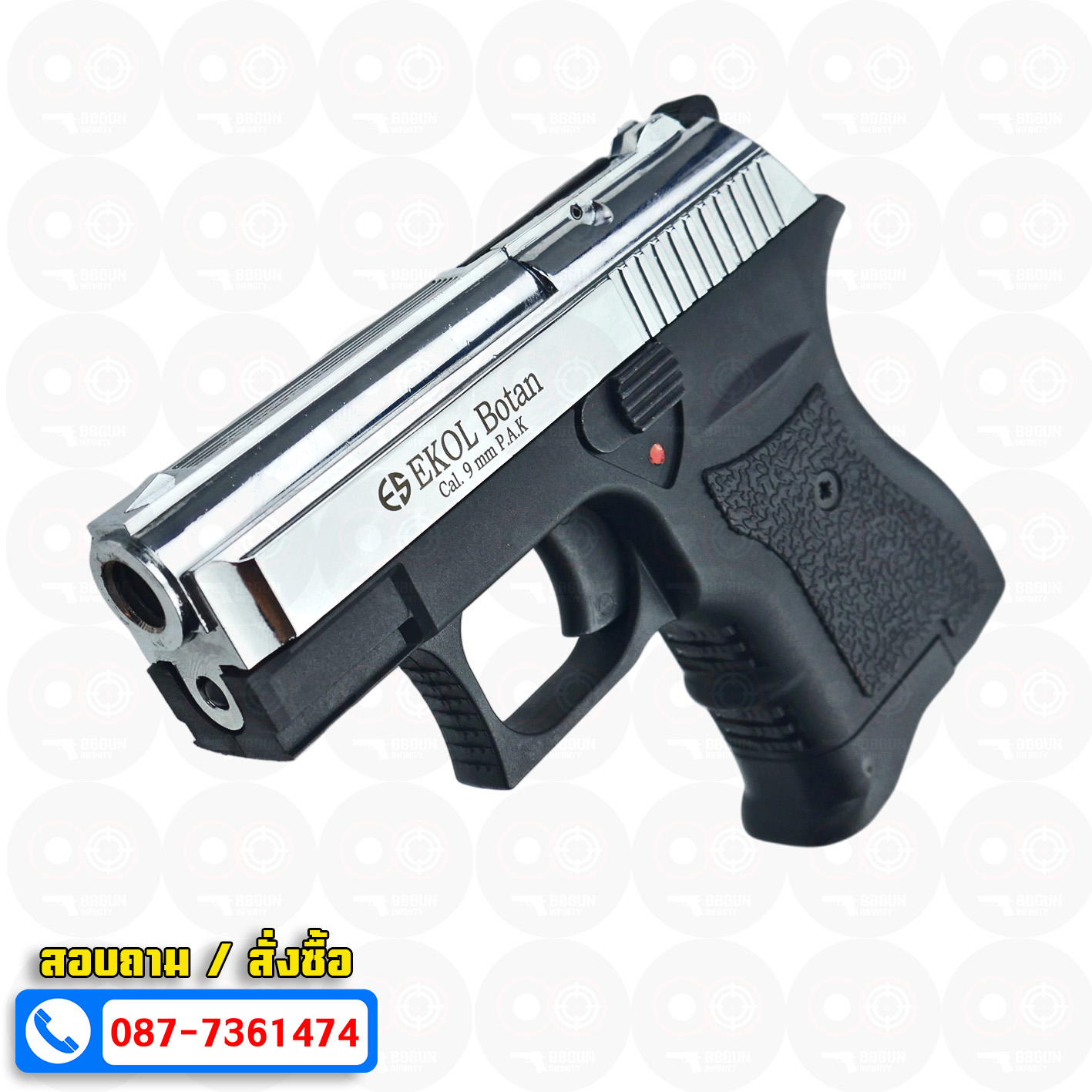 แบลงค์กัน EKOL BOTAN Shiny Chrome สีโครเมี่ยมเงา 9 mm P.A.K. Blank gun (แถมกล่องใส่ปืน)