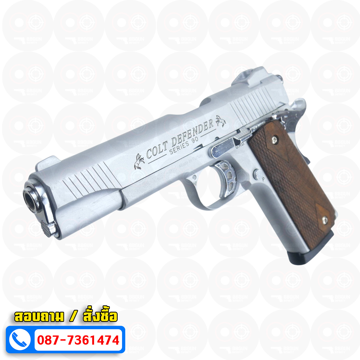 แบลงค์กัน KUZEY M1911 COLT'S DEFENDER SERIES 90 สีเงินด้าน 5 นิ้ว ด้ามไม้ Blank Gun