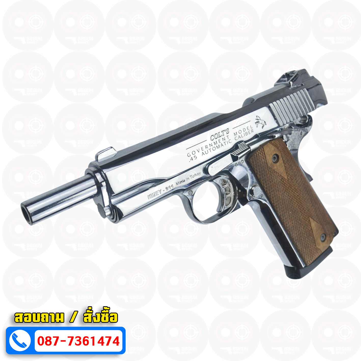 แบลงค์กัน KUZEY M1911 COLT GOVERMENT 100 Year เงินเงา 5 นิ้ว blank gun ด้ามไม้