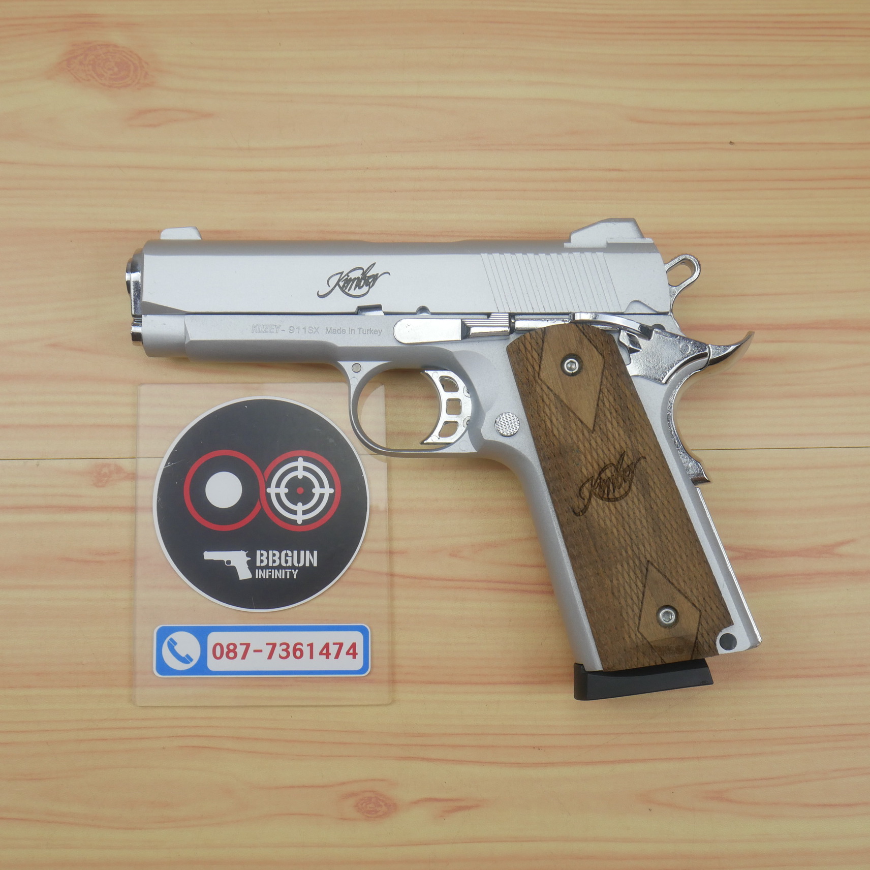 Blank Gun KUZEY Kimber 1911 ลํากล้อง 4 นิ้ว เงินด้าน แบลงค์กัน ด้ามไม้ (แถมกล่องใส่ปืน)