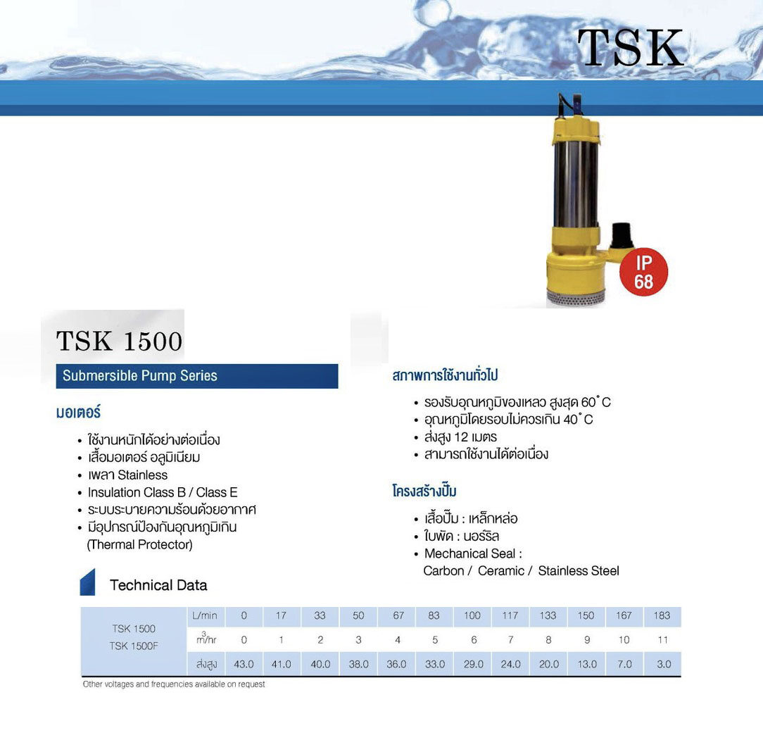 ปั๊มไดโว่ ส่งสูงพิเศษTosaki 1500w รุ่นTSK 1500 220v ท่อ 2“ ส่งสูง 42 ม. ส่งฟรี