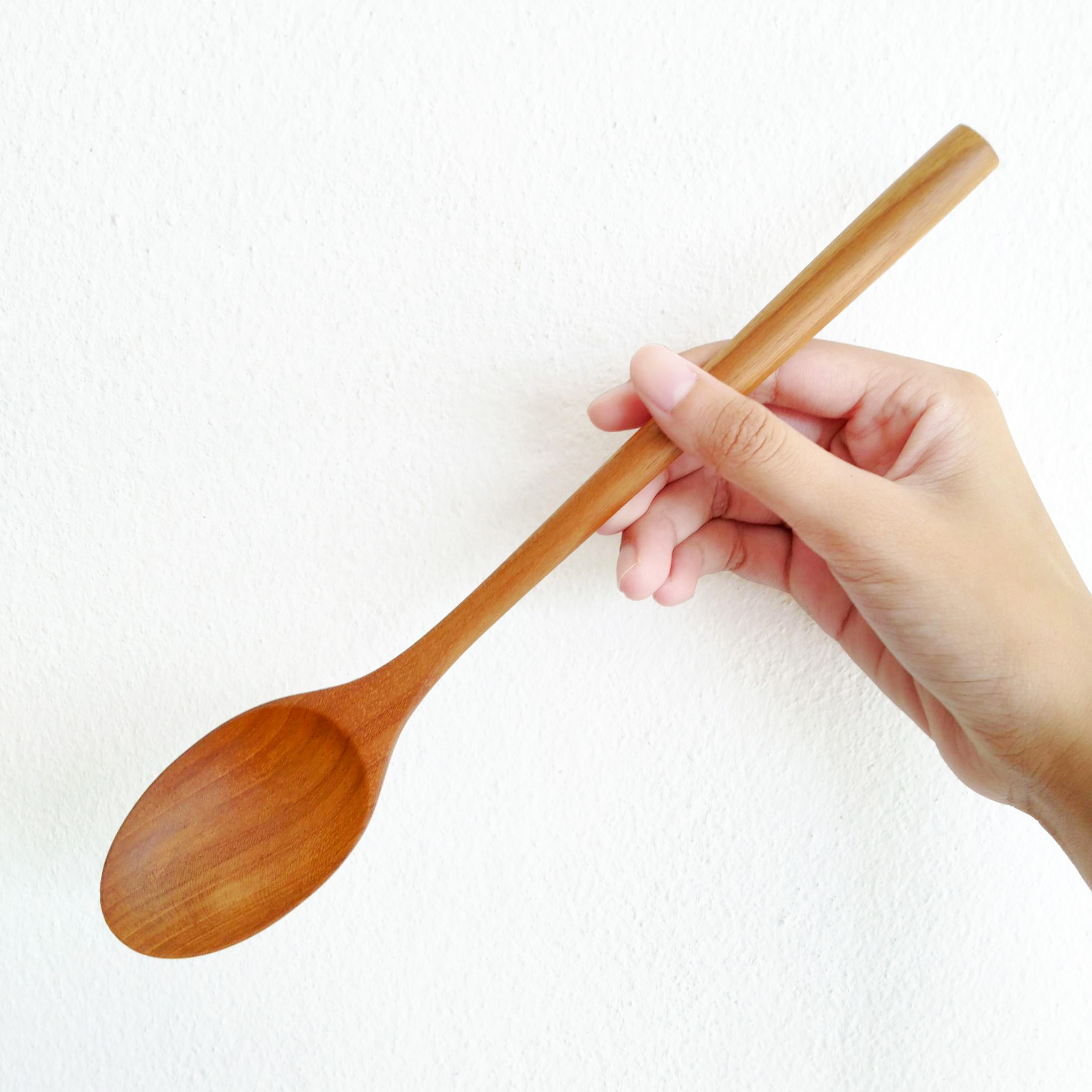 ช้อนด้ามยาว ไม้สัก ข้อนเกาหลี ช้อนยาว ช้อนกลางยาว Natural Brown Teak Wood Korean Long Handle Spoon Flappe Smoothie