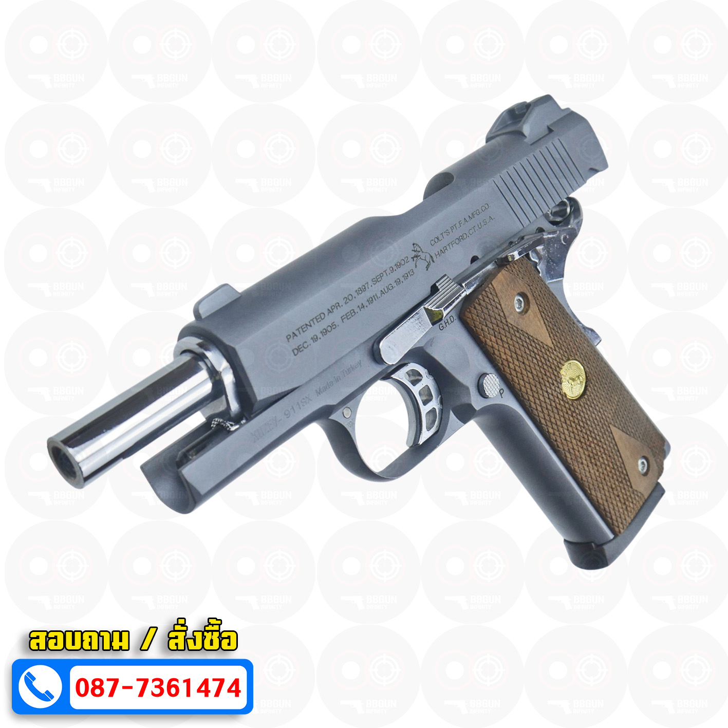 แบลงค์กัน KUZEY M1911 COLT'S 100 ปี สีสโมค 4 นิ้ว blank gun ด้ามไม้