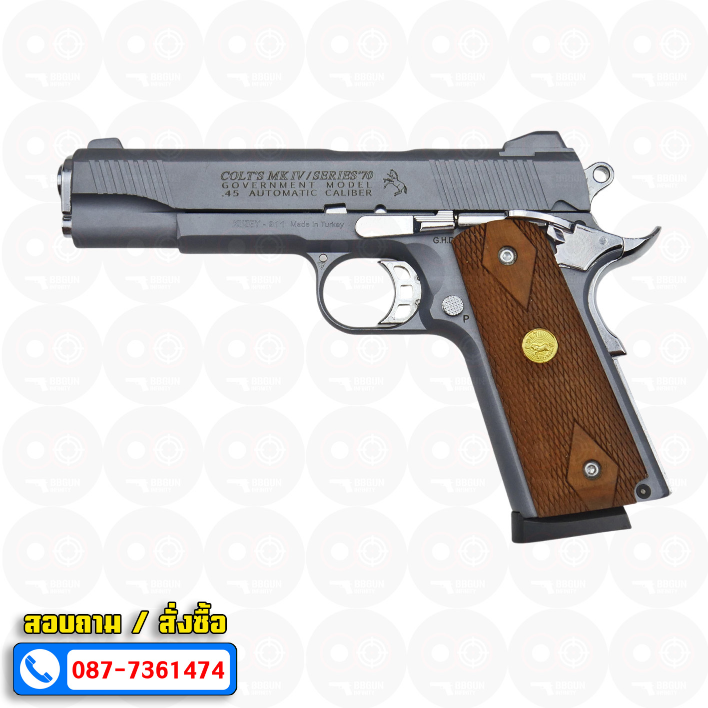 แบลงค์กัน KUZEY M1911 ลำ 5 นิ้ว COLT'S MK IV SERIES'70 blank gun สีสโม๊ค (smoke) ด้ามไม้