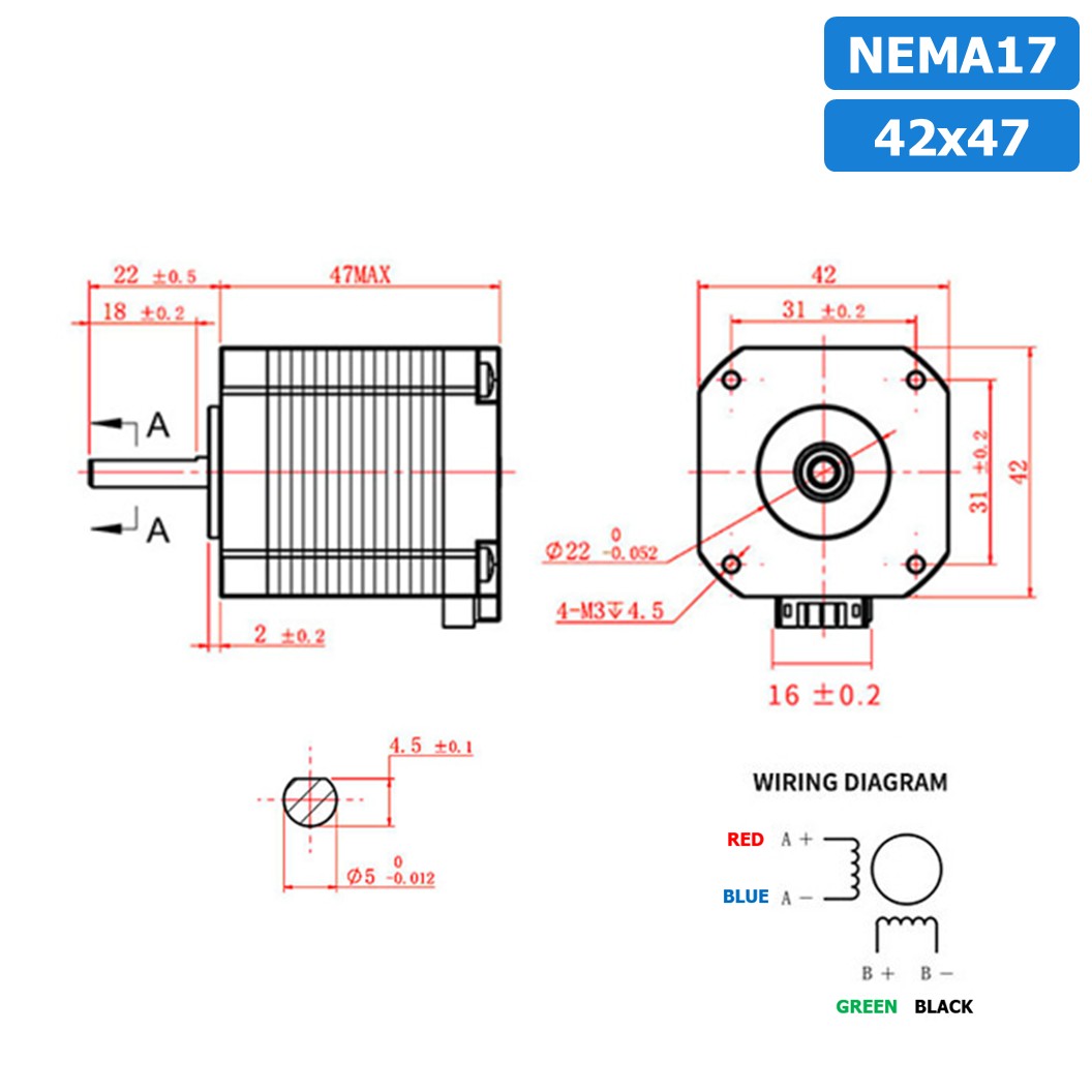 NEMA17 42x47 สเต็ปเปอร์มอเตอร์ พร้อมสาย Stepper Motor NEMA17 with cable 1000mm สเต็ปปิ้งมอเตอร์ Stepping Motor สเตปมอเตอร์ Step motor