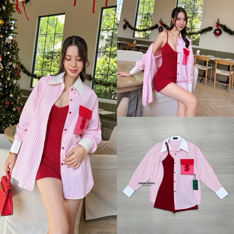 🌸 XS 🌸SWAN ✨Set เสื้อเชิ้ตแขนยาวลายริ้วสีแดงขาว