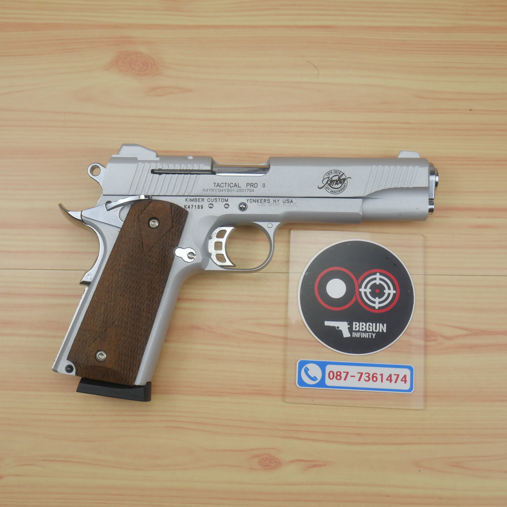 แบลงค์กัน KUZEY M1911 KIMBER สีเงินด้าน 5 นิ้ว ด้ามไม้ blank gun