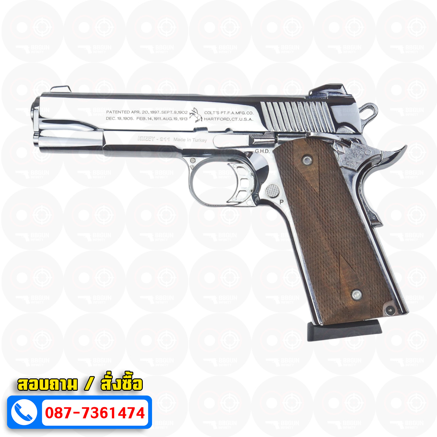 แบลงค์กัน KUZEY M1911 COLT'S 100 ปี สีเงินเงา ลำกกล้อง 5 นิ้ว blank gun ด้ามไม้