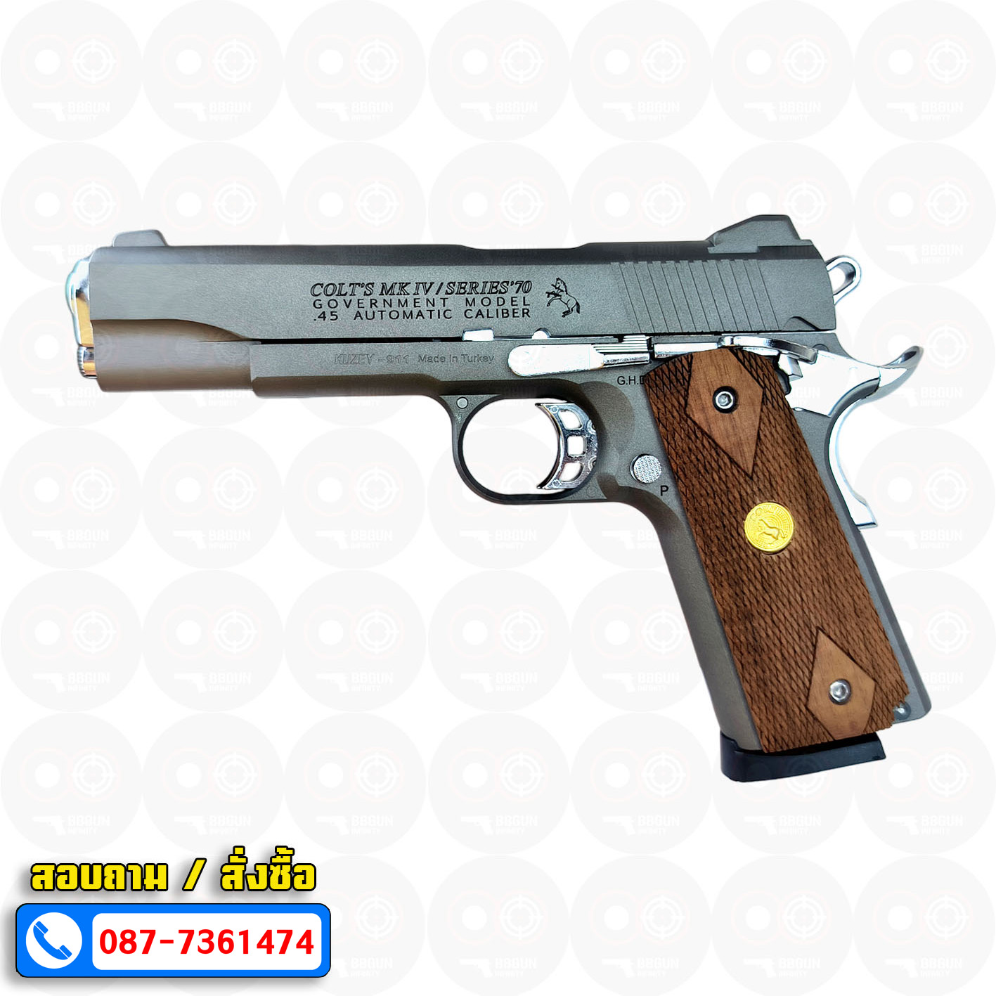 แบลงค์กัน KUZEY M1911 ลำ 5 นิ้ว COLT'S MK IV SERIES'70 blank gun สีสโม๊ค (smoke) ด้ามไม้