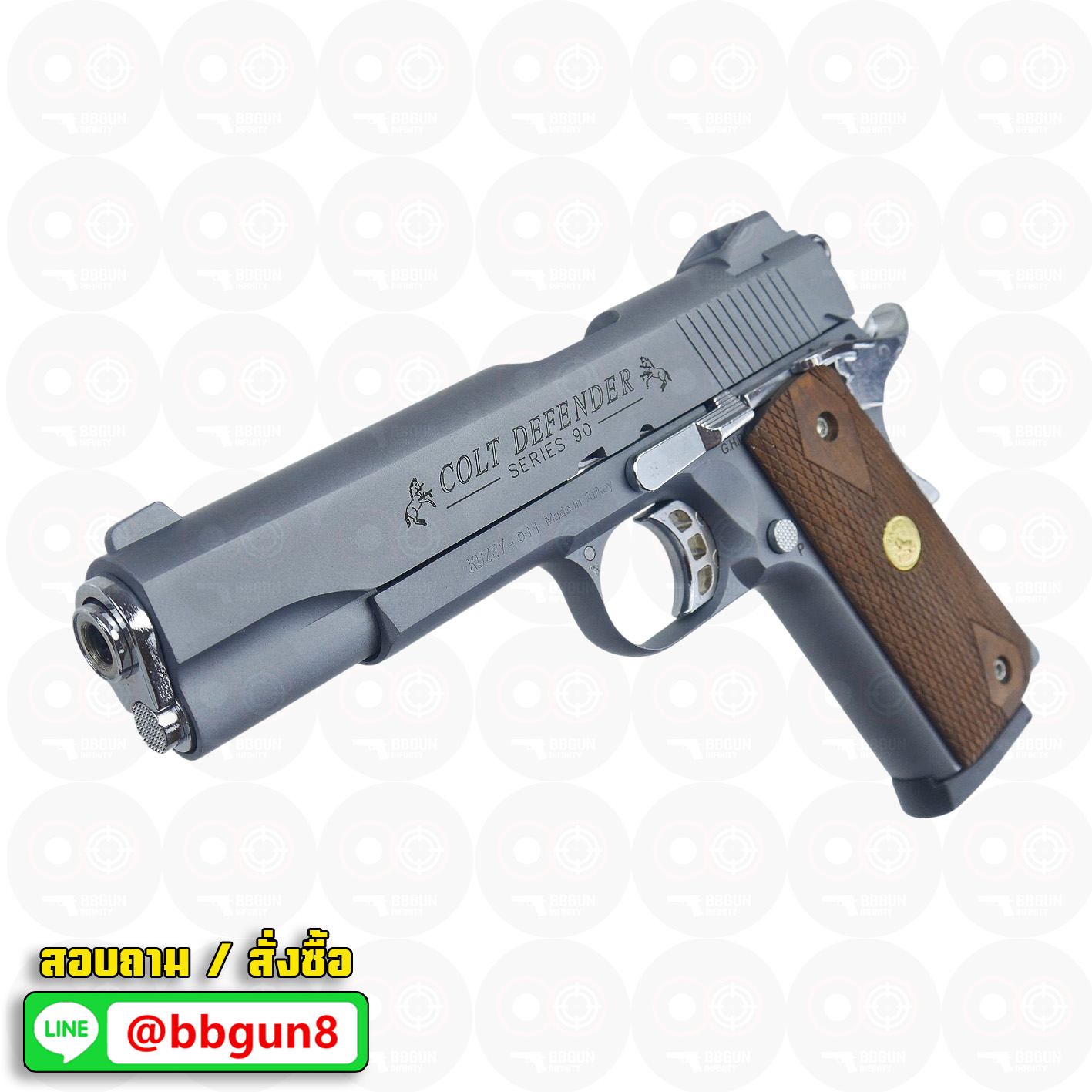 Blank Gun KUZEY M1911 COLT'S DEFENDER SERIES 90 ลำกล้อง 5 นิ้ว สีสโมค แบลงค์กัน ด้ามไม้ (แถมกล่องใส่ปืน)